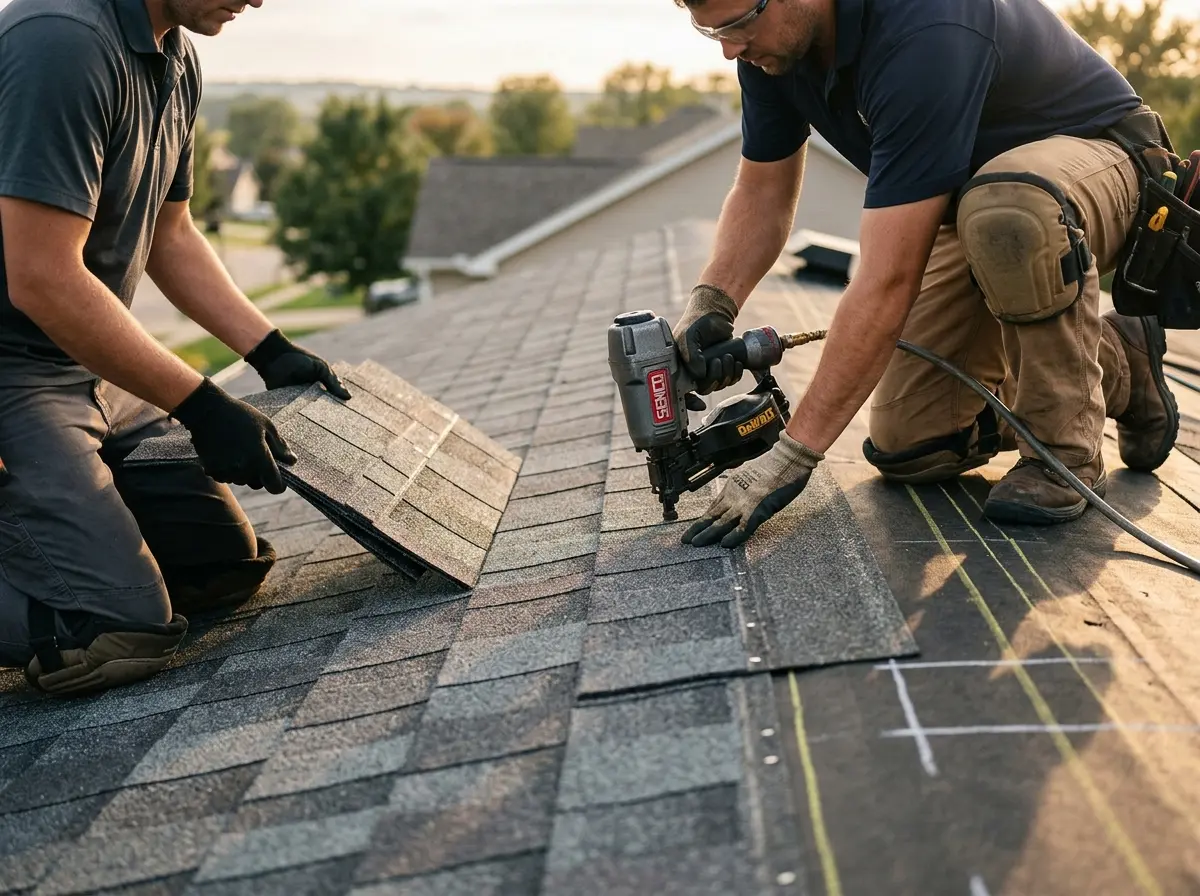 Professional roofer working on a residential roof in Napa
